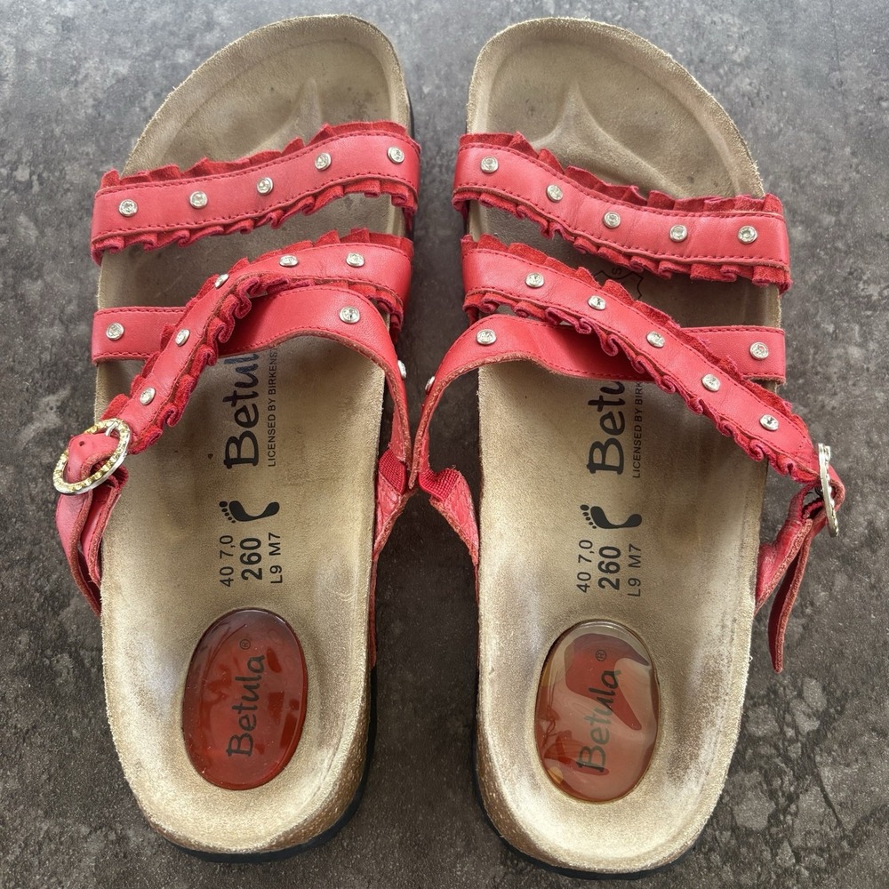 Betula Birkenstock Studded Red Slip On Sandals 260 Size 40 Women's 9 Rhinestone